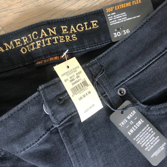 NWT American Eagle 360 Extreme Flex Black Distressed Slim Jeans Size 30x36 - Picture 6 of 13